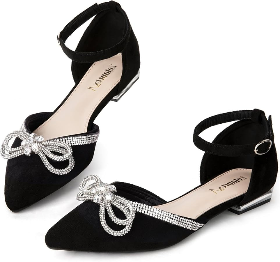 Zelaprox Women's Black Pointed Toe Flats Rhinestone Bow Ankle Strap Ballet Flats Comfortable Slip... | Amazon (US)