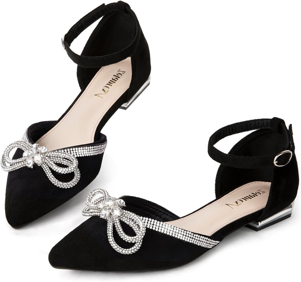 Zelaprox Women's Black Pointed Toe Flats Rhinestone Bow Ankle Strap Ballet Flats Comfortable Slip... | Amazon (US)