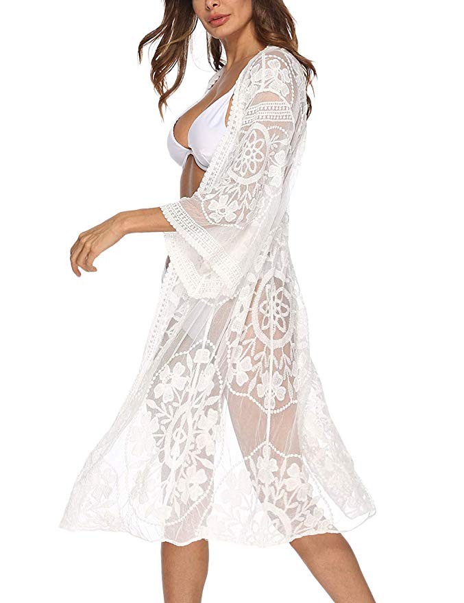 Women's Lace Cardigan Floral Crochet Sheer Beach Cover Ups Long Open Kimono | Amazon (US)