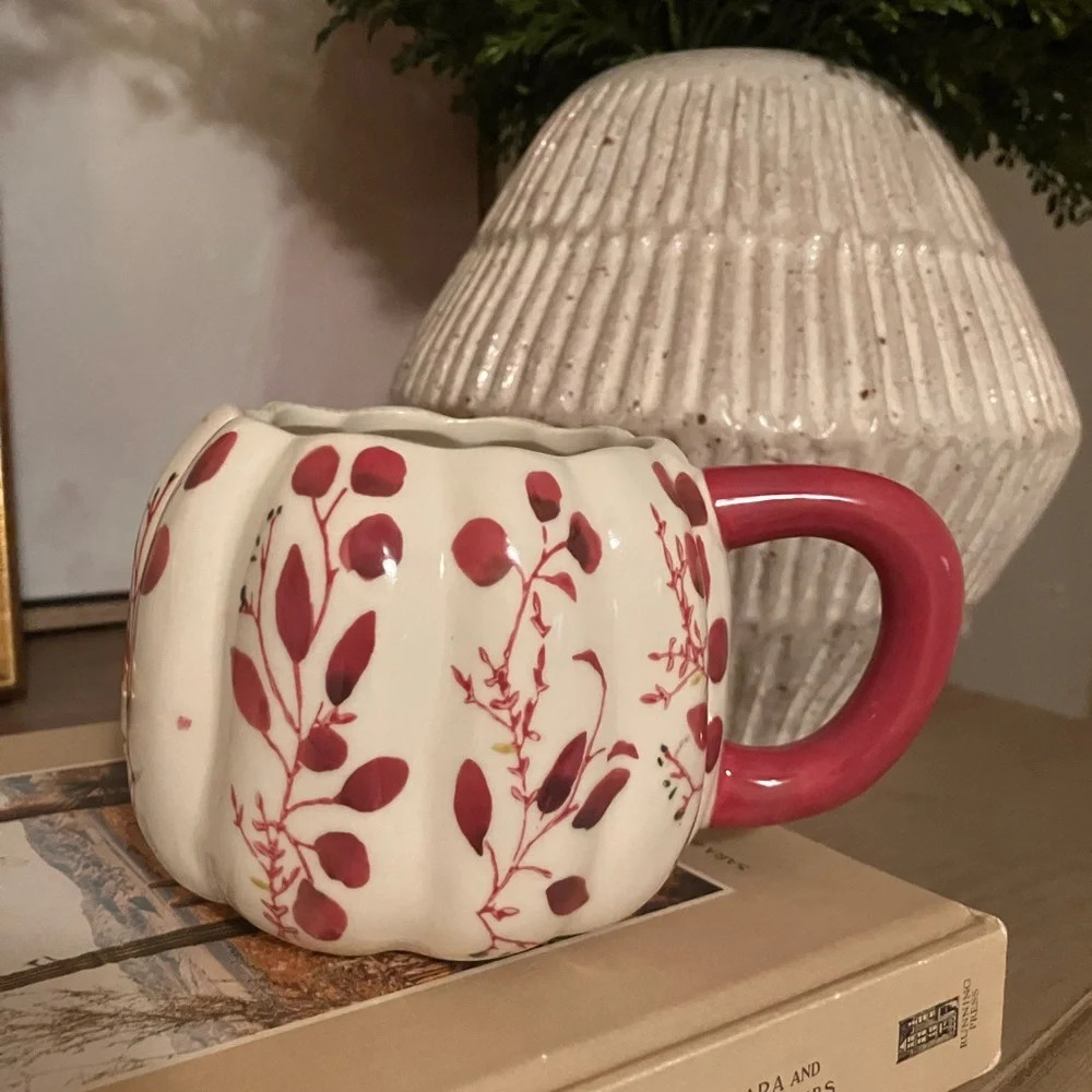Anthropologie Red and White Floral Pumpkin Mug | Poshmark