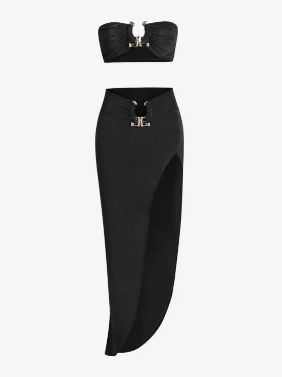 Women\'s Metal Decor Jersey Bandeau Crop Top And High Slit Skirt Set | ZAFUL (Global)