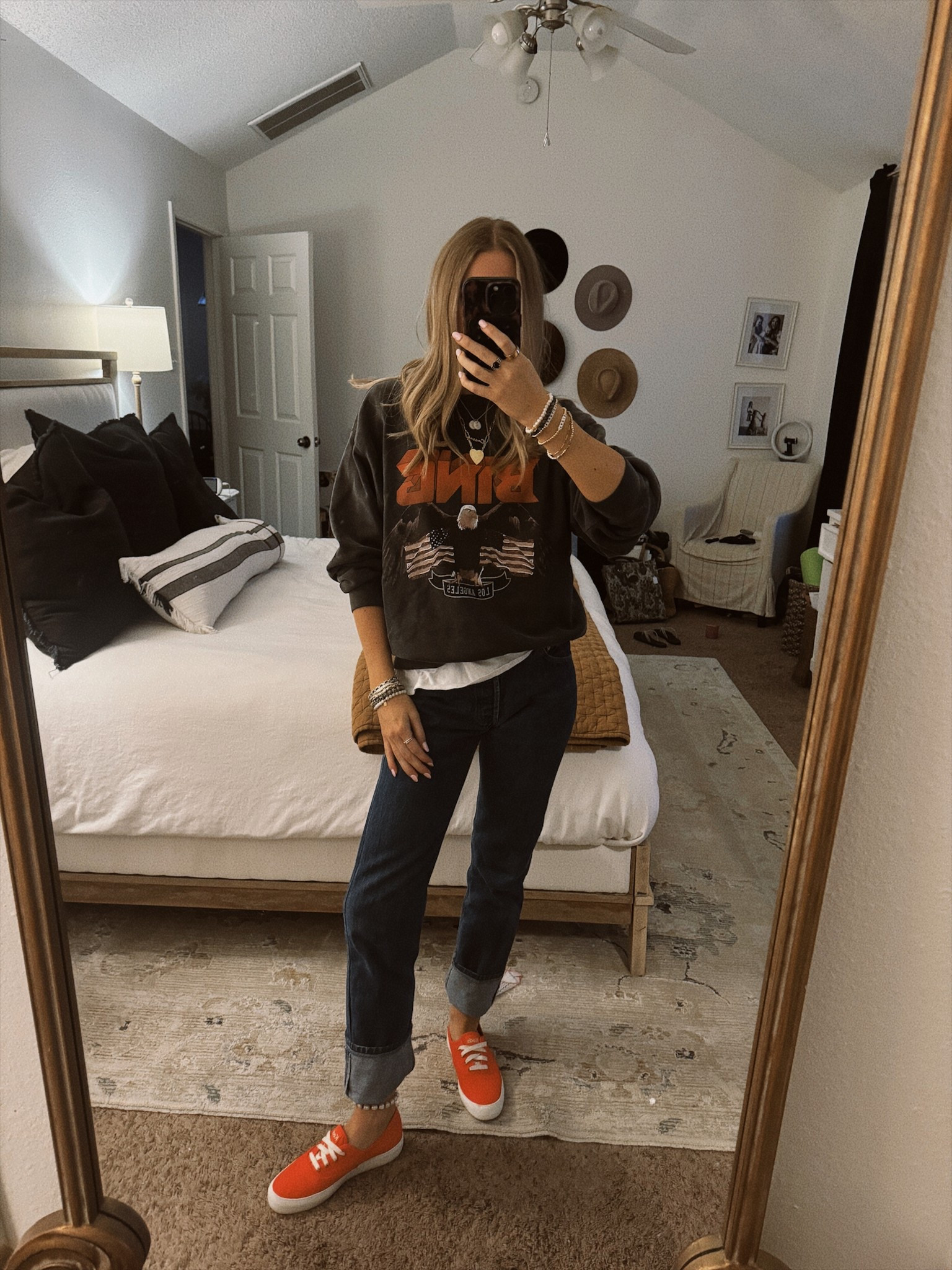 A super easy casual outfit! Simple way to jazz up a simple outfit of jeans and sweatshirt - let your tshirt peek out under, a bracelet stack, a jean cuff, ankle bracelet and a statement shoe  

#LTKFindsUnder100 #LTKStyleTip