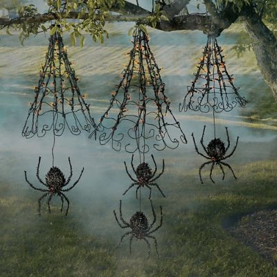 Pre-lit Hanging Spiders with Web, Set of Three | Grandin Road | Grandin Road