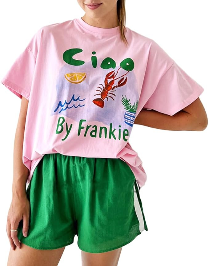 Y2k Women Graphic Oversized T-Shirts Lobster Coast Shell Sardine Print Loose T-Shirt Vintage Aest... | Amazon (US)