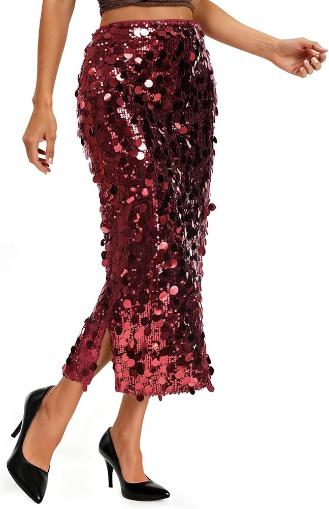 JASGOOD Sequin Skirt for Women Elastic High Waist Midi Skirt Side Slit Stretchy Sparkle Skirts fo... | Amazon (US)