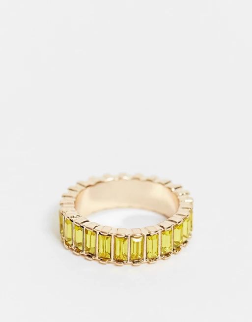 ASOS DESIGN pack of 3 rings with crystal baguette stones in gold tone | ASOS (Global)