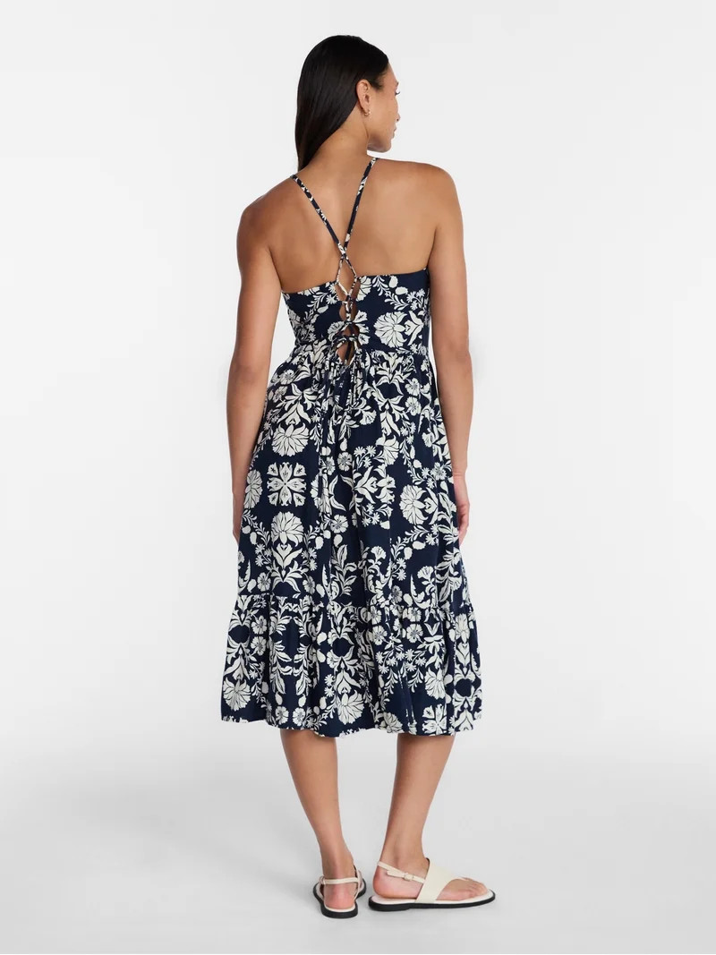 Time and Tru Women's Linen Blend Lace Up Halter Dress, Sizes XS-XXXL | Walmart (US)