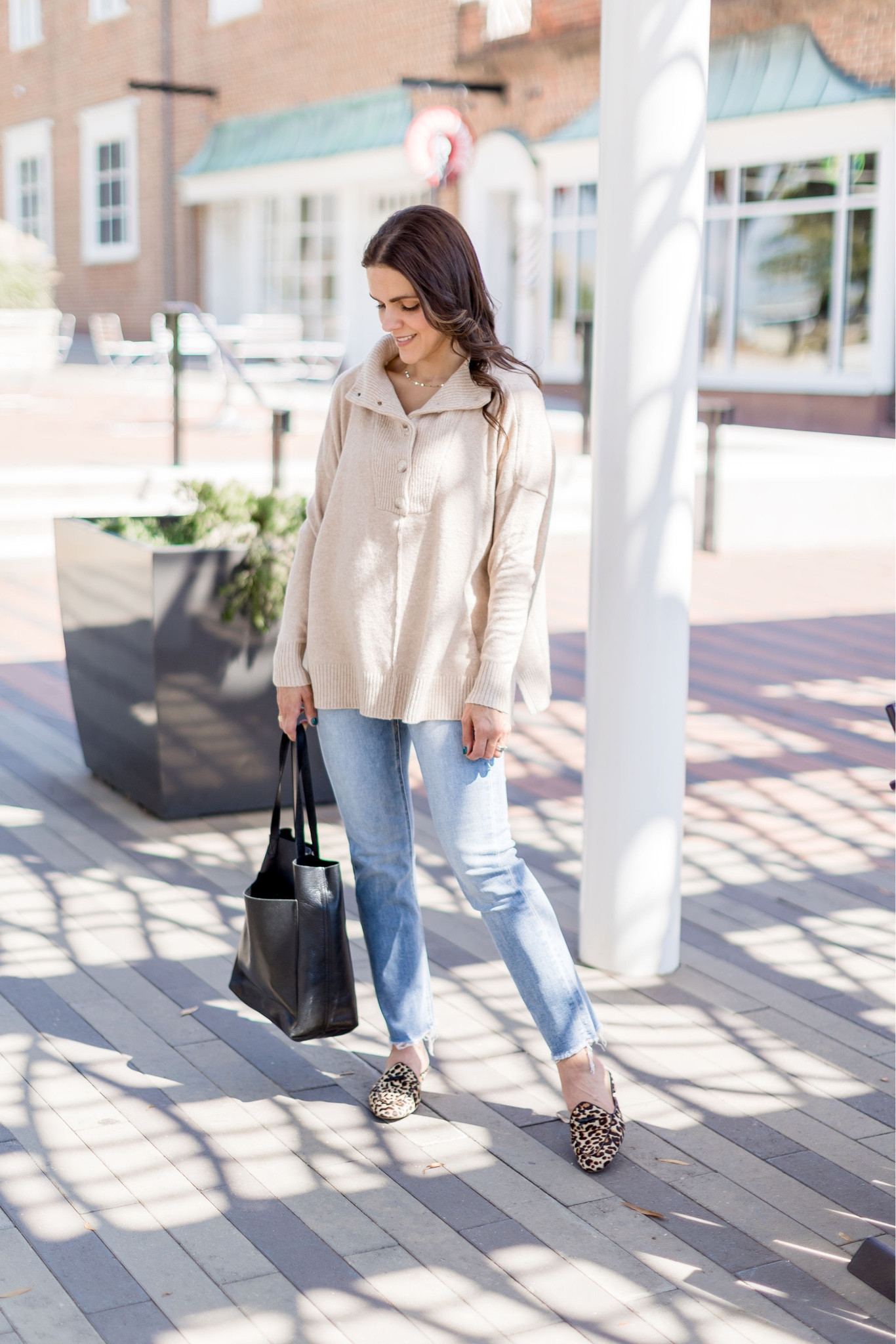 Loft poncho button sweater (xs), AVARA Vera jeans (tts), leopard mules, transport tote — Fall outfit idea 

• save 15% at AVARA with SARAHSTORIES

#LTKstyletip #LTKunder100