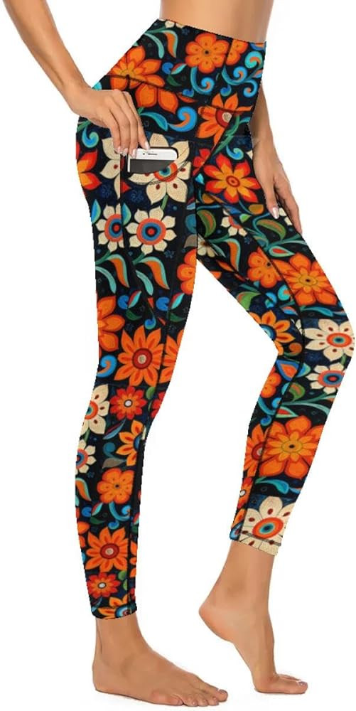 Women's Workout Leggings with Pockets Floral High Waisted Tummy Control No See Through Stretch Ac... | Amazon (US)