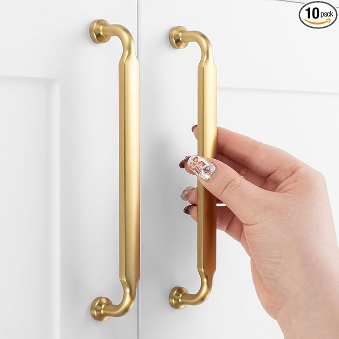 6-1/4 Inch Hole Centers, Brushed Gold Footed Kitchen Cabinet Pull Handle ZP2302 | Pack of 10, Sol... | Amazon (US)