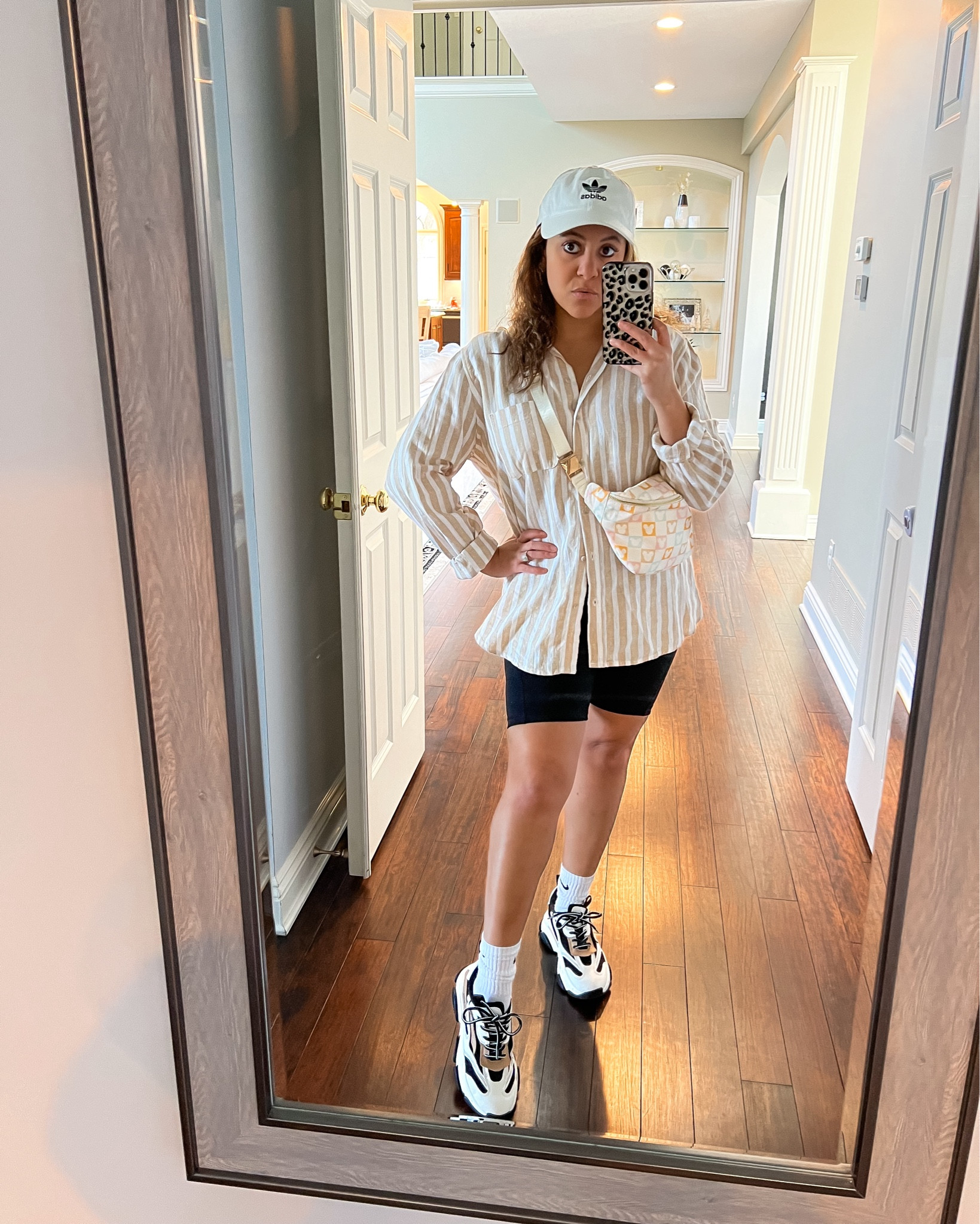 Spring outfit. Button up shirt outfit. Casual ootd. Spring transition look. Vacation style. Chunky sneakers. Biker shorts. Spring outfit ideas. Fanny pack. Target style

#LTKstyletip #LTKSeasonal