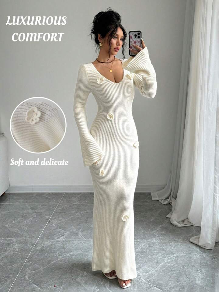 SHEIN Elenzya Women's Elegant Solid Color Flared Sleeve Crochet 3D Flower Deep V-Neck Maxi Knit S... | SHEIN