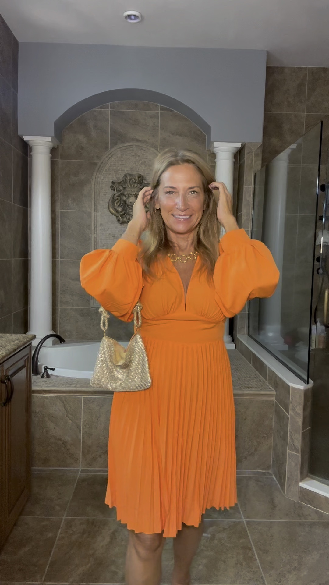 Sparkle of gold on this fall dress perfect for a thanksgiving outfit ! Amazon find gold accessories orange dress 

#LTKHoliday #LTKSeasonal #LTKWatchNow