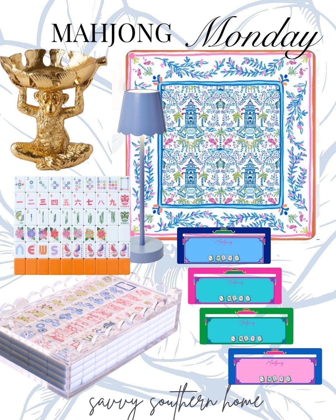 Mahjong Monday! Love the blue of this lamp that coordinates perfectly with this  Chinoiserie mat! These line readers are also so fun and make keeping up with what line you are playing! I also think this monkey server is adorable and coordinates with so many Mahjong Mats I have seen! 

Mahjong • Mahjong Mat • Lamp • Mahjong Accessories 

#LTKFindsUnder100 #LTKParties #LTKStyleTip