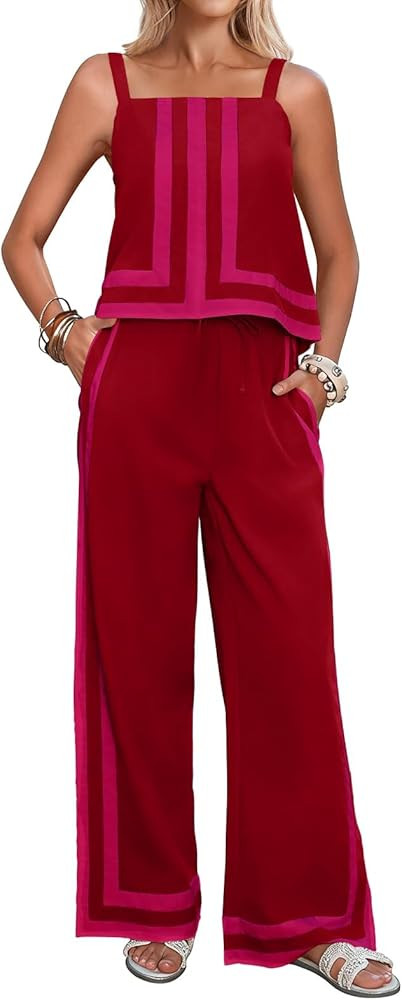 Tankaneo Womens 2 Piece Lounge Set Summer Casual Color Block Cami Top Wide Leg Pants Set Beach Va... | Amazon (US)