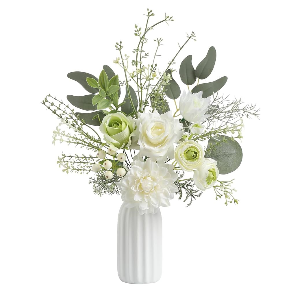 Small 11" Artificial Flowers in Ceramic Vase - White Green Silk Flower Centerpiece for Dining Tab... | Amazon (US)