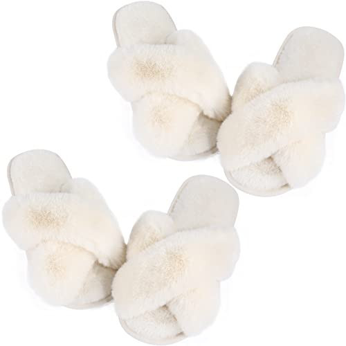 Ankis White Womens Fuzzy Slippers - 2Pair Cozy, Soft, Comfy, Cross Band, Open Toe, Non-slip Womens Fluffy Slippers, Indoor and Outdoor | Amazon (US)
