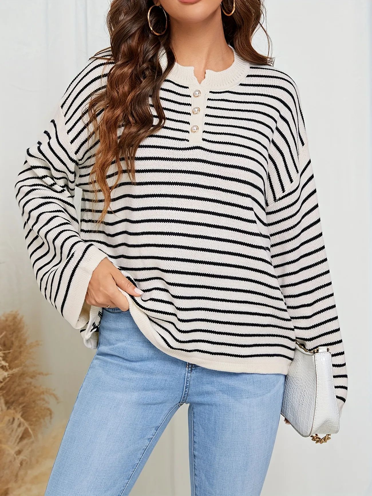 Striped Crew Neck Button Sweater, Casual Long Sleeve Loose Sweater, Women's Clothing | Temu Affiliate Program