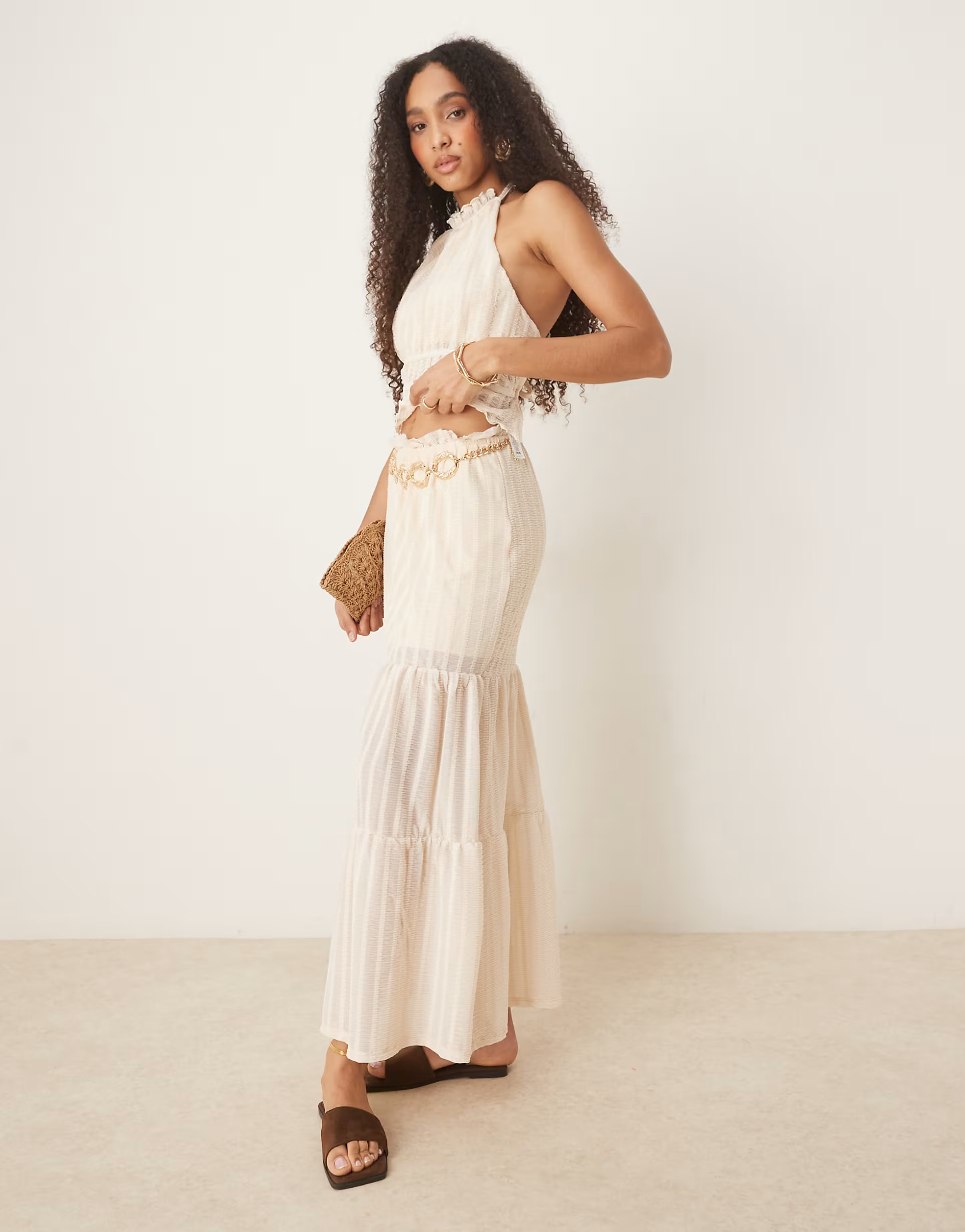 ASOS DESIGN textured tiered maxi skirt in cream - part of a set | ASOS (Global)