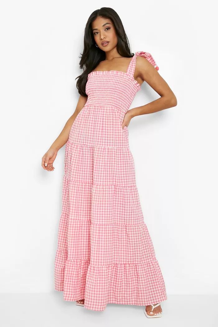 Petite Gingham Pom Pom Shoulder Maxi Dress | Boohoo.com (US & CA)