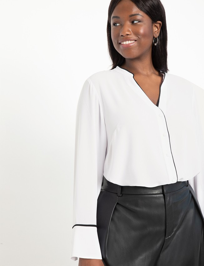Button Down Blouse with Piping | Women's Plus Size Tops | ELOQUII | Eloquii