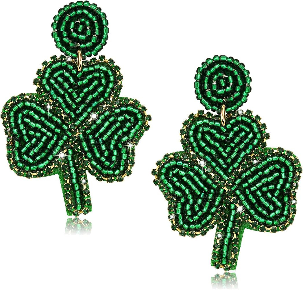 St. Patrick's Day Earrings Beaded Green Leaf Earring for Women Handmade Lucky Shamrock Hat Drop D... | Amazon (US)