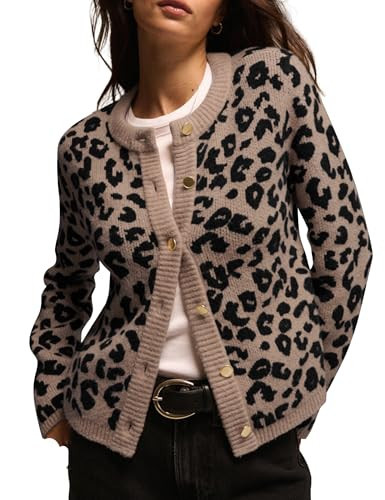 Sujama Leopard Cardigan for Women Cheetah Print Sweaters Open Front Cardigan Long Sleeve Golden Button Sweater Jacket | Amazon (US)