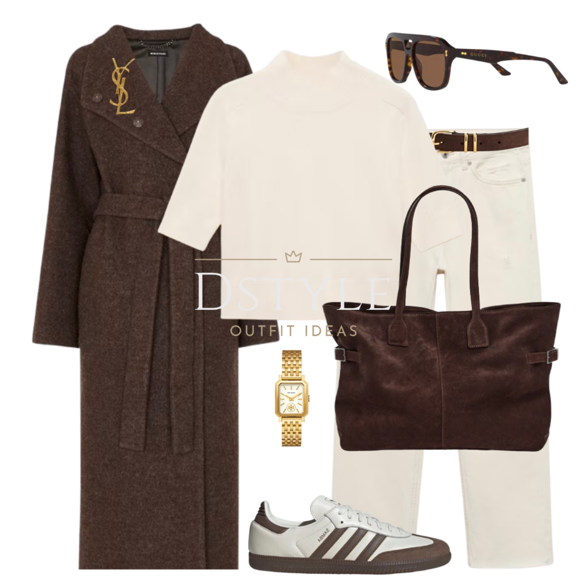 Brown taupe funnel neck coat, sand perkins-neck short-sleeved sweater, ecru jeans, brown suede belt, brown suede bag, Adidas Samba off-white earth strata sneakers/trainers, YSL brooch

#LTKItBag #LTKWorkwear #LTKShoeCrush