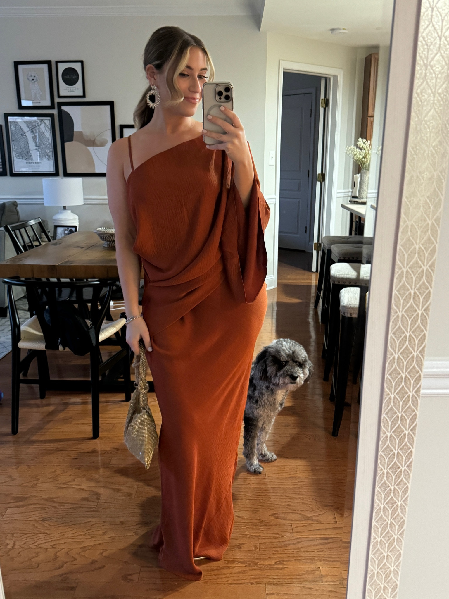 Beautiful one shoulder bell sleeve rust orange wedding guest dress - under 100 dollars! 

#LTKwedding #LTKfindsunder100 #LTKstyletip