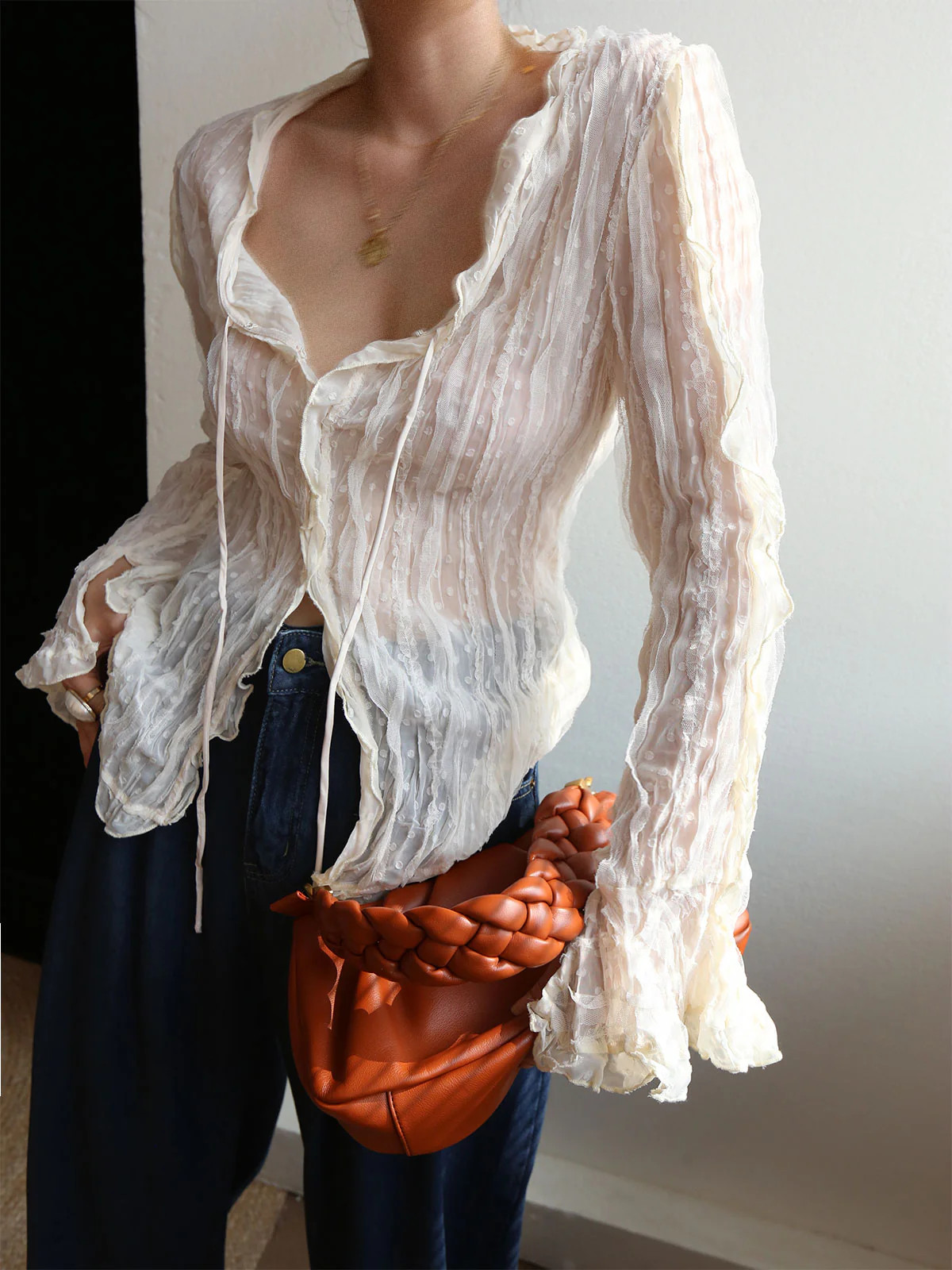 Chiffon Sheer Lettuce Trim Long Sleeve Blouse | Commense