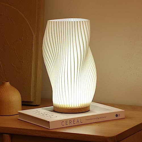 Dawnwake Bedside Lamp with Woodbase - Button Control Table Lamp for Bedroom 12 Way Dimmable Nightstand Lamp with PLA Lampshade for Living Room, Kids Room, College Dorm, Office (White-C, Large) | Amazon (US)