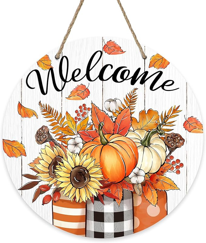 Deroro Welcome Fall Pumpkin Sign for Front Door Decor, Autumn Sunflower Leaves Mason Jar Wood Doo... | Amazon (US)
