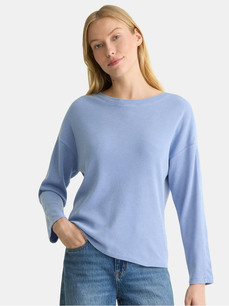 Time and Tru Women's Boxy Thermal Tee with Long Sleeves, Sizes XS-XXXL | Walmart (US)