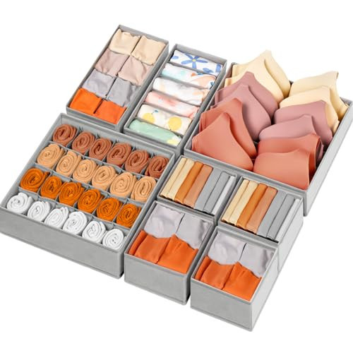 Drawer Organizer Clothes, 8 Pack Dresser Organizer Bins for Baby Clothes, Underwear Sock, Fabric Closet Organization and Storage Dividers for Nursery Bedroom (48 Compartments, Grey) | Amazon (US)