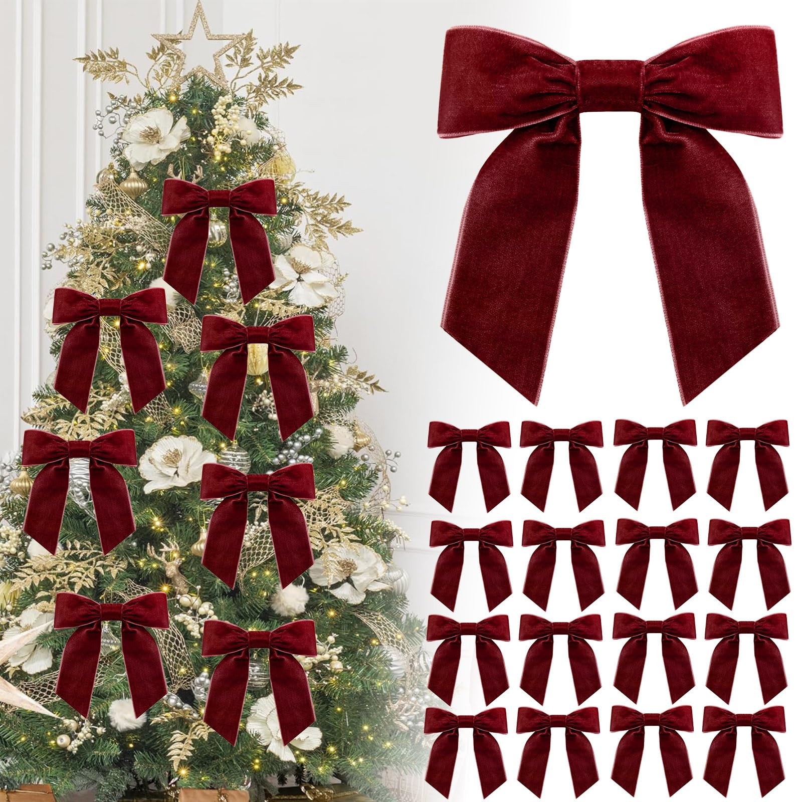 16P Christmas Burgundy Velvet Ribbon Gift Bows,4.3" Red Velvet Bows with Twist Ties,Christmas Tre... | Amazon (UK)