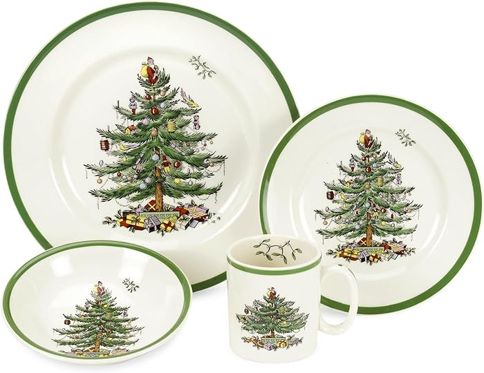 Spode Juego de vajilla de 4 piezas con diseño de árbol de Navidad, vajilla de loza fina, apta p... | Amazon (US)