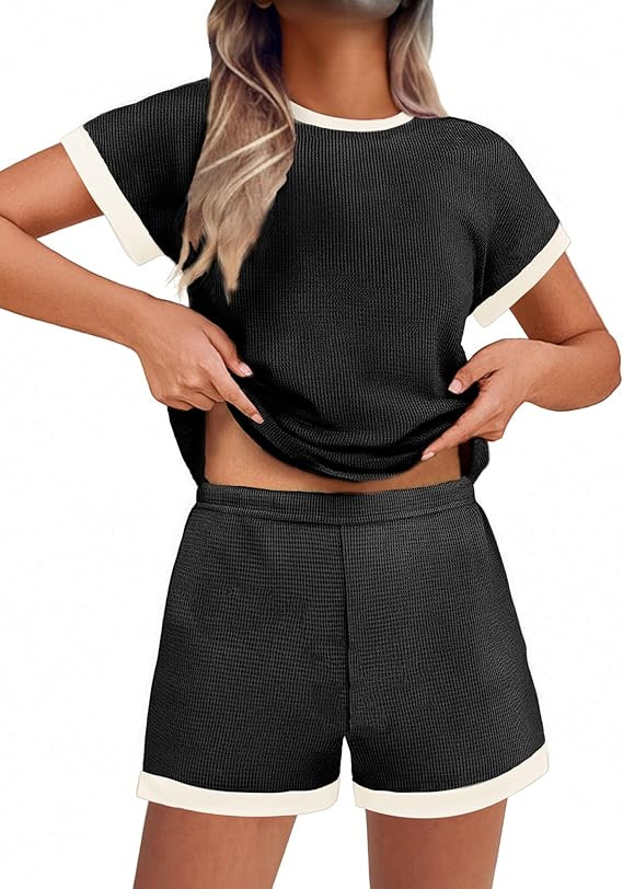 EKOUAER 2 Piece Sets for Women Summer Outfits Cute Stripe Knit T Shirts Shorts Matching Lounge Se... | Amazon (US)