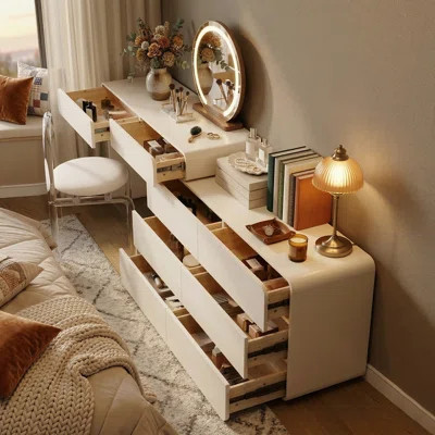 Easy Installation Extendable 47.24''–90'' Makeup Vanity, Modern Vanity Desk with 8 Storage Drawers, Cream Dressing Table with L-Shape or Straight Layo | Wayfair North America