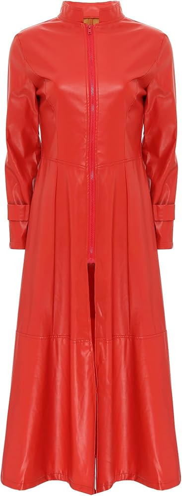 Lejafay Women's Adult Shiny Metallic Leather High Neck Zipper Trench Coat Long Jacket Cloak Dress | Amazon (US)
