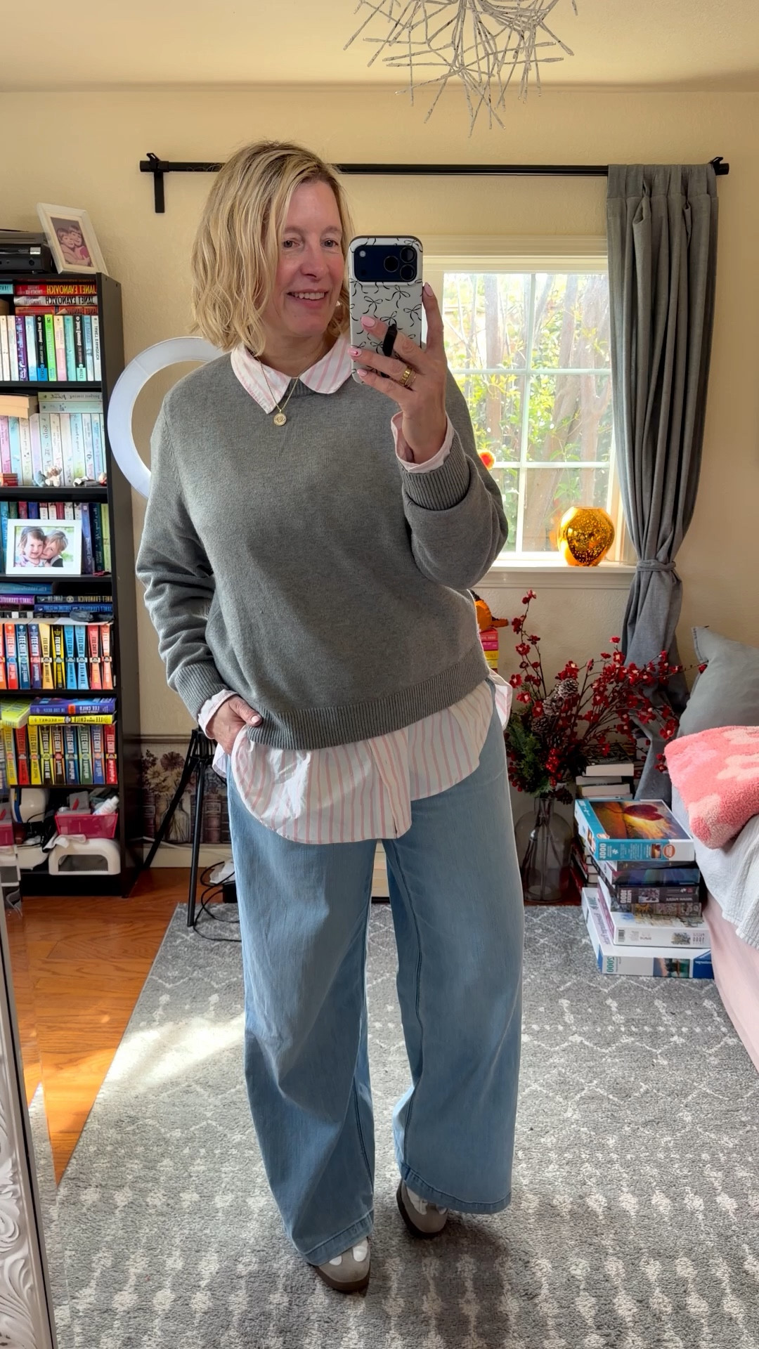 Loving this casual but chick look! 

sweater xl
button up large 
pants large long sleeve
shoes 7.5



#LTKMidsize #LTKTall #LTKOver40