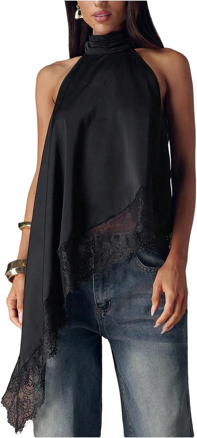 Milumia Women's Halter Neck Top Lace Asymmetrical Hem Going Out Tank Tops | Amazon (US)