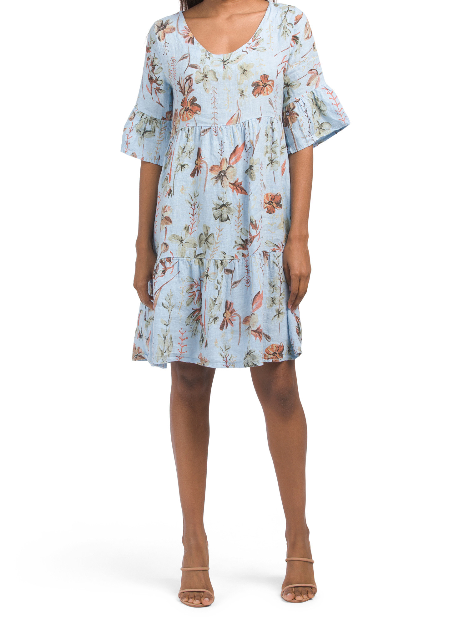 Made In Italy Linen Floral Ruffle Sleeve Babydoll Dress | TJ Maxx