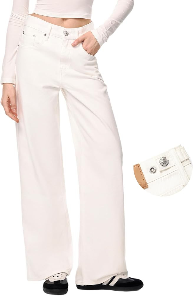 Women's Adjustable Waist Baggy Jeans with Snap-Button Waistband Wide Straight Leg High Rise Jeans... | Amazon (US)