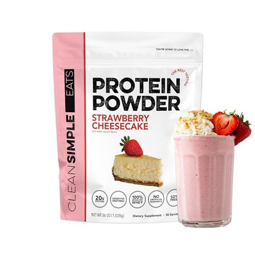 Clean Simple Eats Whey Isolate Protein Powder, Strawberry Cheesecake, Naturally Sweetened, Zero Added Sugar, 20g 100% Grass Fed Protein Powder with Digestive Enzymes, Gluten Free, Non GMO, 30 Servings | Amazon (US)