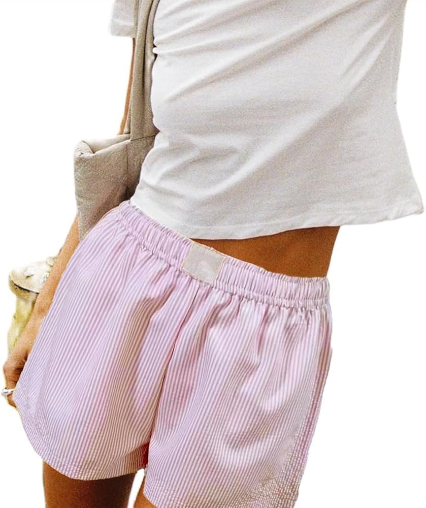 Women Y2k Striped Boxer Shorts Casual High Waist Pajama Bottoms Wide Leg Striped Lounge Shorts Su... | Amazon (US)