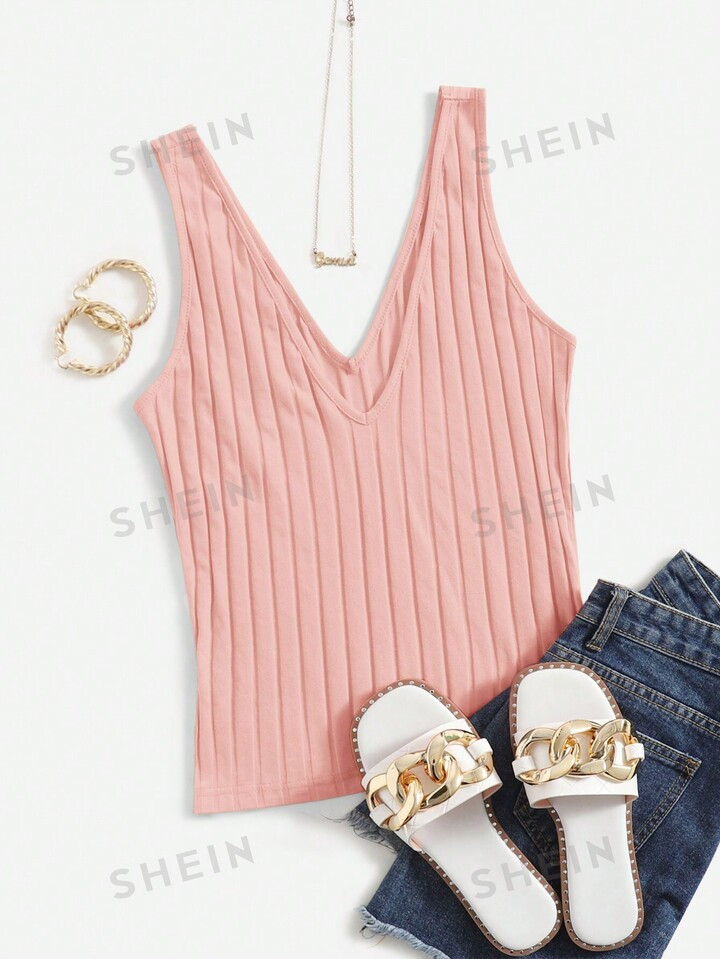 SHEIN Essnce Ladies Solid Color Simple V-Neck Knitted Tank Top | SHEIN USA | SHEIN