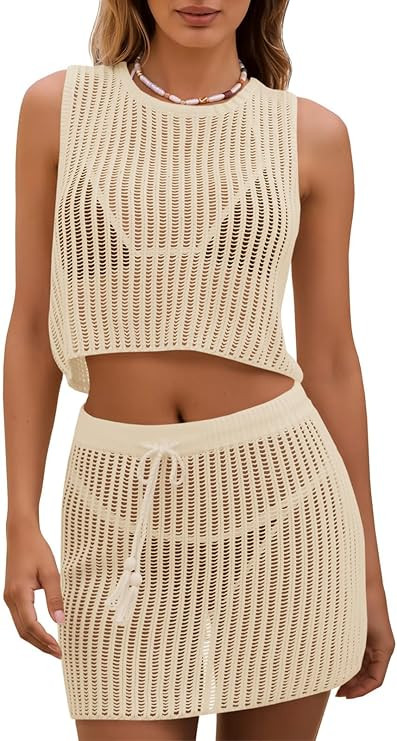 Fisoew Womens 2 Piece Crochet Sets Sleeveless Crop Tops Cover Up Beach Mini Skirt Outfits Vacatio... | Amazon (US)