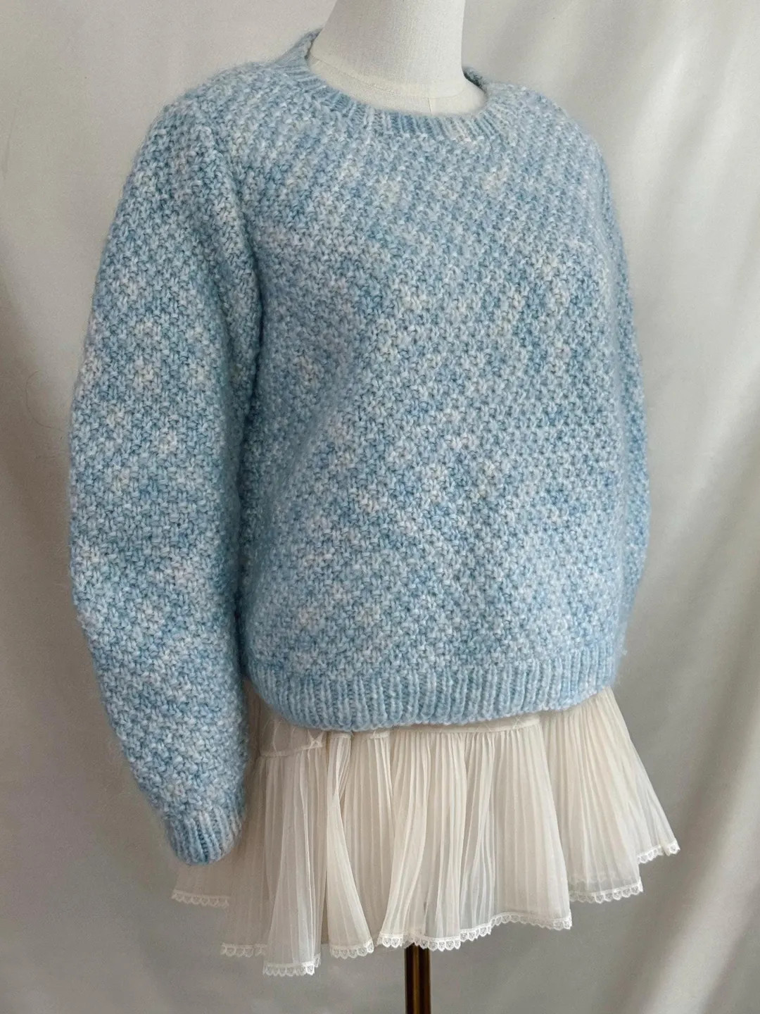 Handmade Chunky Knit Sweater | Textured Wool Blend | Pastel Blue & White | Etsy (US)