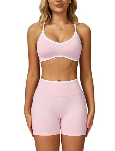 Two Piece Workout Sets for Women Cami Straps Color Block Back Sports Bra Matching High Waist Booty Lifting Biker Shorts 2 Piece Gym Yoga Active Wear Outfits Womens Athletic Work Out Seamless Pink XS | Amazon (US)
