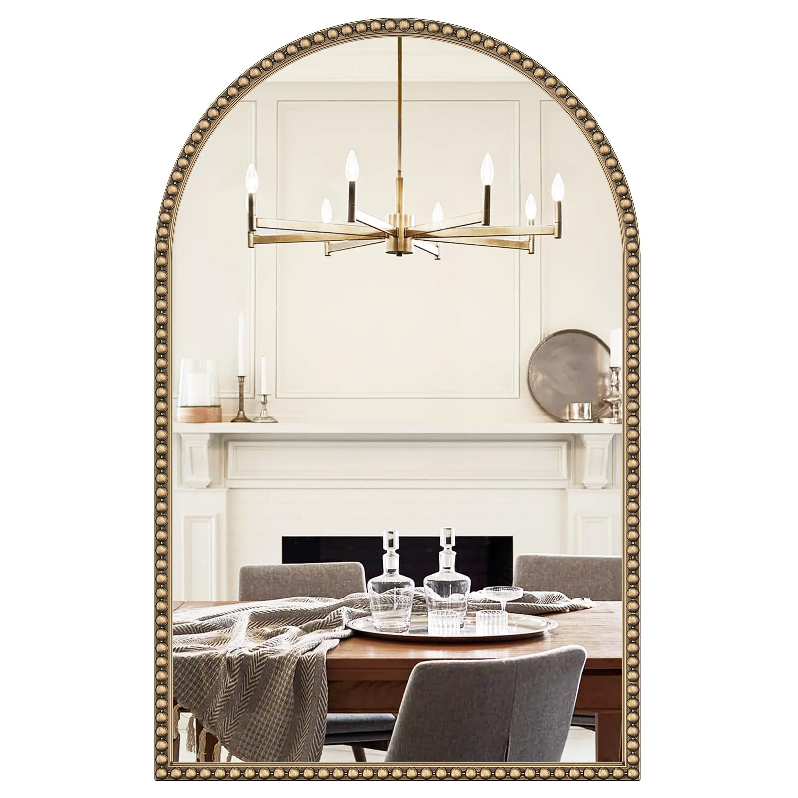 Arched Beaded Mirror for Bathroom, 24"x38" Antique Gold Arch Vanity Wall Mirror, Retro Brass Meta... | Amazon (US)